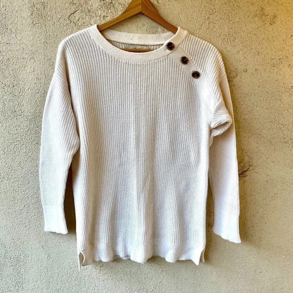Ann Taylor Loft Pullover Cable Knit Button Sweater Ivory White Size Small